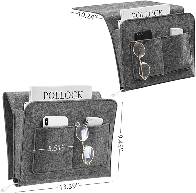 Bringsine 5 Pockets Bedside Caddy, Felt Bed Storage Organizer Hanging Bag Holder for Magazine Book Phone Tablet iPad Cables Remote and Glasses Holder Home Dorm Bed Sofa-Dark Gray