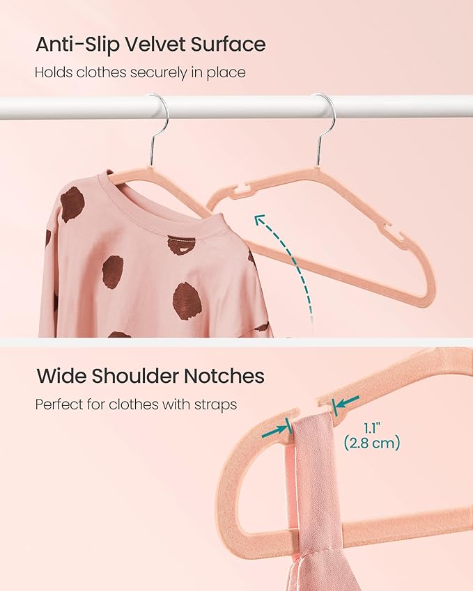 SONGMICS Baby Hangers 50 Pack, 11 x 6.9 Inches, Non-Slip Velvet Kids Hangers for Closet, Space-Saving, Wide Shoulder Notches, Coral Pink UCRF037R01