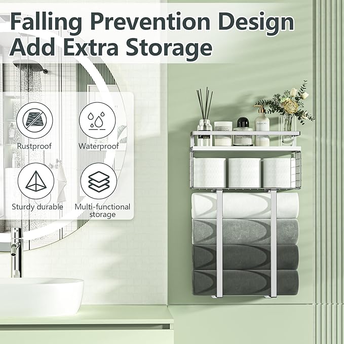 Towel Racks for Bathroom, Bathroom Shelf Over Toilet,Floating Shelves with Towel Rack Paper Holder Storage Basket,Floating Shelves for Wall Decor,Silver