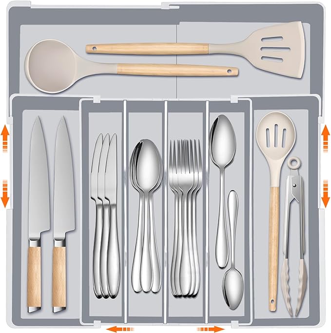 Large Kitchen Silverware Organizer - Expandable 17.2" x 17.9" Adjustable Drawer Tray, 4-7 Compartments for Maximum Storage, BPA-Free, Grey