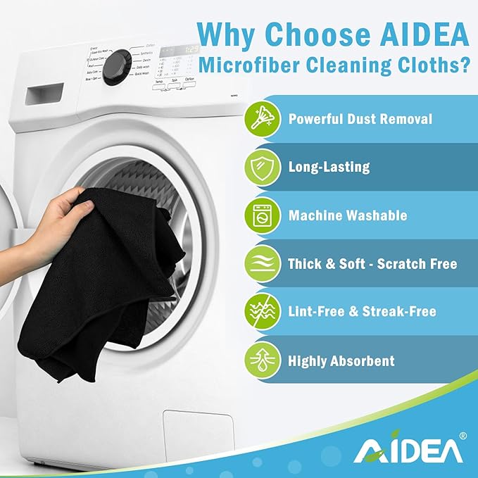 AIDEA Microfiber Cleaning Cloth Black 24PK, Microfiber Towels for Cars, Premium Car Cloths, Dusting Cloth Lint Free Cleaning Rags for SUVs, House, Kitchen, Window, Workshops,11.5×11.5"