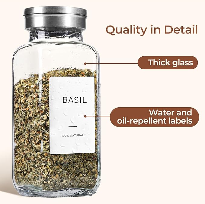 ComSaf Spice Jars with Shaker lids Adjustable, 8oz 6PCS，9 DIY Labels, Spice Jars Trial Set & Supplement Set, Empty Ingredient Containers and Square Ingredient Bottles for Kitchen and Seasoning