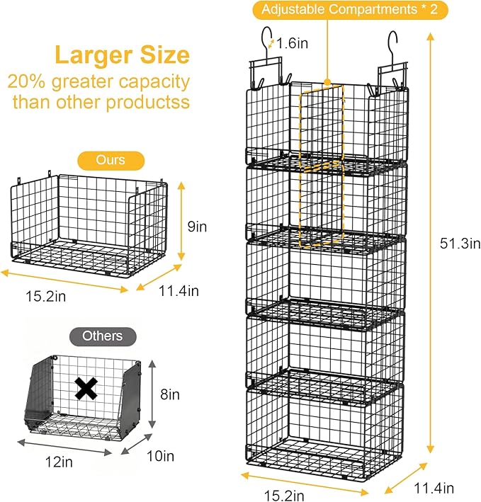 5 Tier Hanging Closet Organizer with Adjustable Dividers, Heavy-Duty Storage Shelves for Clothing, Kitchen, Laundry Room, Extra Large Baskets, 15.7" W x 11.8" D x 51" H, Black