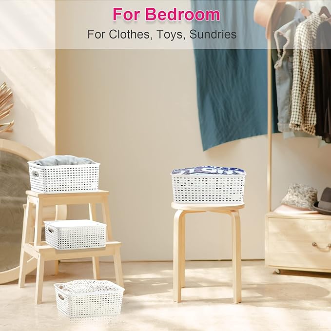 Plastic Storage Baskets Set of 6 Sturdy Pantry Organizers and Storage Bins Storage Container for Shelves, Countertops, Desktops, Cabinets, Bedrooms,White