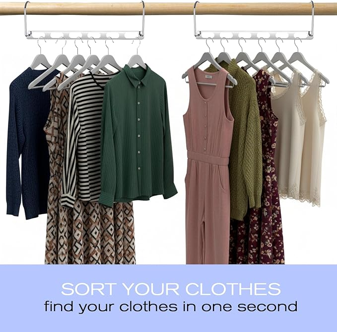12 PCS Space Saving Hangers for Clothes, Multi Hanger 6 Slots Metal Closet Organizer Hangers Foldable Hanger Organizer Space Saver 360-Degree Rotation for Wardrobe and Dormitory Organization