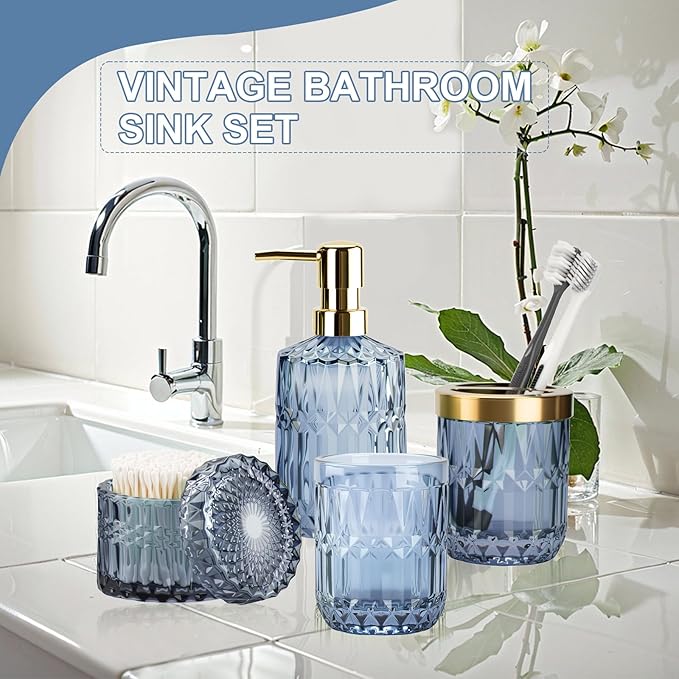 Blue Bathroom Accessories Set, 5Pack Clear Glass Bathroom Accessories, Includes Lotion Soap Dispenser, Toothbrush Holder, Qtip Holder and Soap Dish, Vintage Bathroom Decor