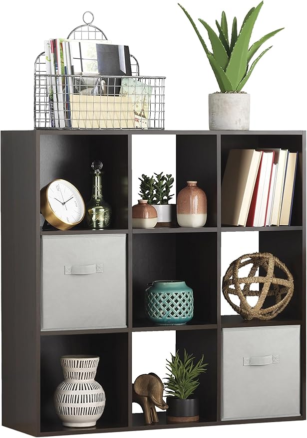 Whitmor 9 Cube Storage Organizer, 3 Tier Stackable Mdf Wood Bookcase, Open Storage Display Bookshelf, Storage Cabinet for Living Room, Bedroom, Home, Office, 35.5"L x 11.7"W x 35.5"H, Espresso