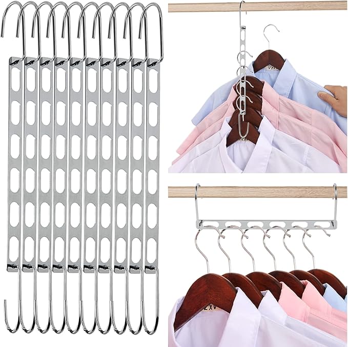 Space Saving Hangers for Clothes, 10 Pack Hanger Organizer Space Saver, Magic Metal Collapsible Closet Organizers, Multiple Hangers in One, College Dorm Room Essentials (V1.0)