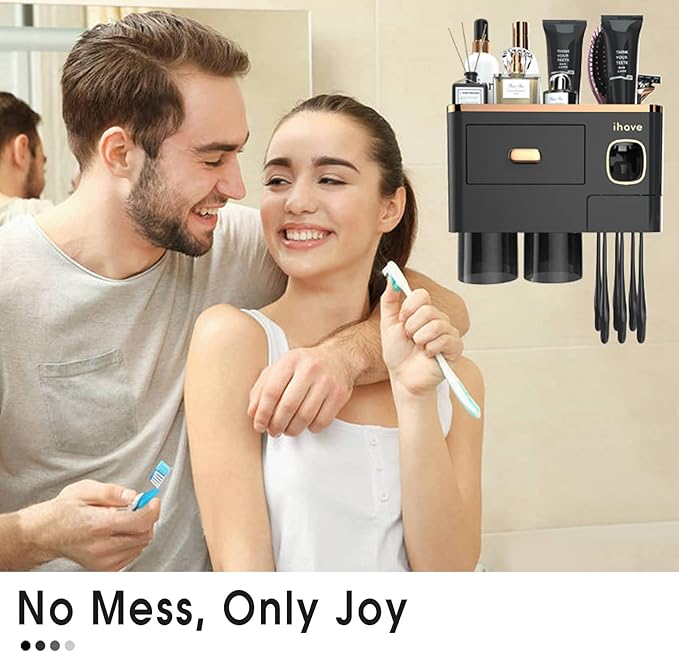 iHave Toothbrush Holders Wall Mounted with Toothpaste Dispenser & 2 Cups - Luxury Black and Gold Design for Bathroom Decor, All-in-One Bathroom Organizers & Storage for Toothbrushes and Accessories