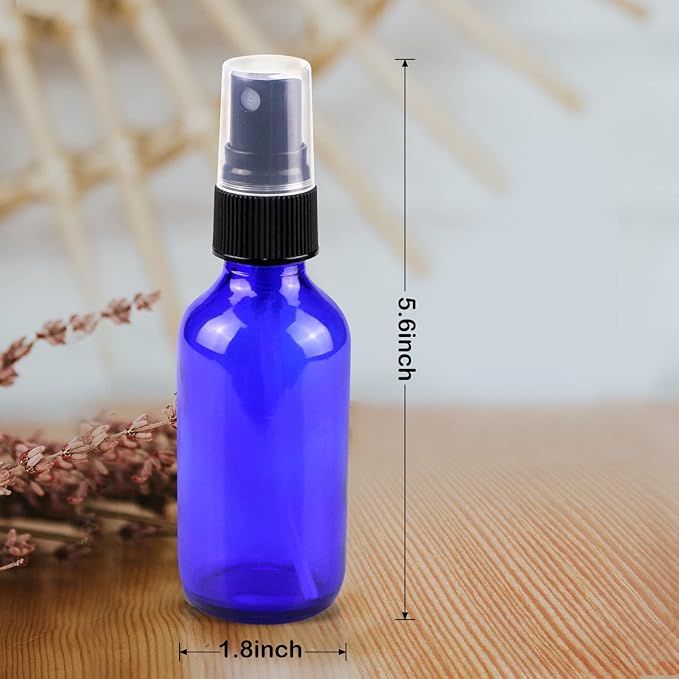 Wedama 4 oz Mini Glass Spray Bottles, Empty Small Spray Bottles with Funnel Dropper, Fine Mist for Hair, Travel, Plants, Cleaning Solutions and Skin Care (4 Pack Blue)