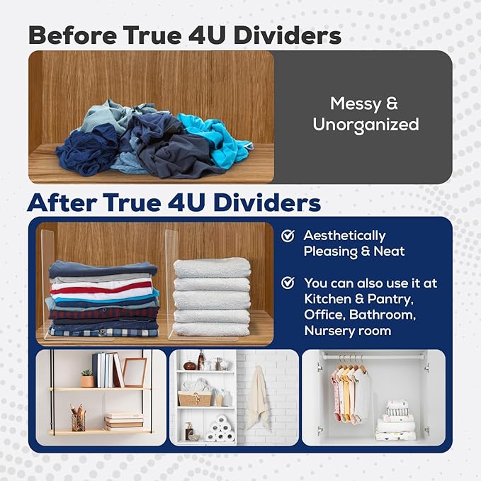 True 4U 4 Pack, Acrylic Shelf Dividers for Closet Organization, Clear Tall Shelf Dividers, Extra Deep, Easy to Install for Bedroom Kitchen Office Closet Bathroom