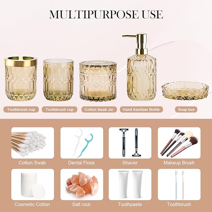 Bathroom Accessory Set 5 Pcs, Glass Bathroom Set Include Soap Dish, Toothbrush Holder, Mousewash Cup, Soap Dispenser, Cotton Swab Jar, Amber