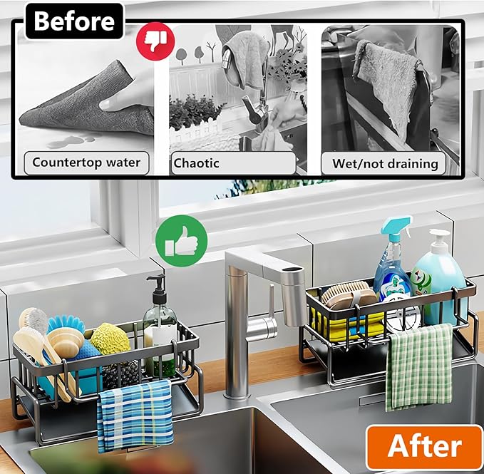 Kitchen Sink Organizer Caddy, Stainless Steel Sink Sponge Holder 30°Tilt Self-Drainage,Sponge Rack with Dish Brush Holder,Soap Dispenser for Kitchen Countertop Storage,9.1x4.1x3.5 Inch