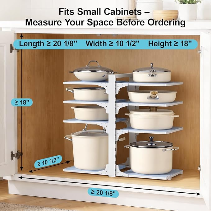 LAMU Pots and Pans Organizer under Cabinet, 8 Tier Heavy Duty Pan Organizers inside Cabinet, Adjustable Pot Rack for Small Kitchen Storage, 15" Height Holds Cast Iron Pans and Skillets White