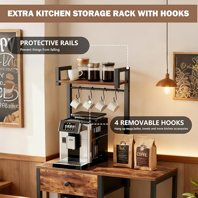 Kitchen Bakers Rack,Microwave Stand with Storage,Adjustable 6 Tier Coffee Bar Staion,Free Standing Bakers Rack with Drawer and Hooks,Kitchen Appliance Storage Shelf for Spices,Pots