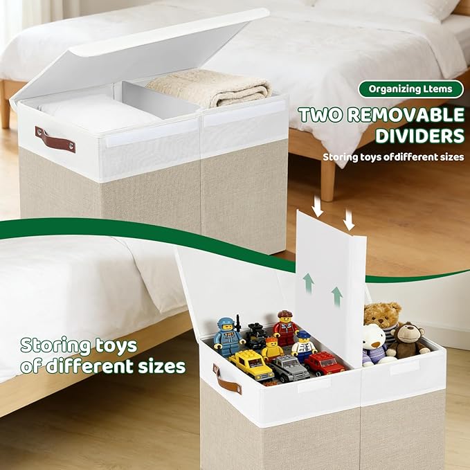 Large Toy Storage Box With Lid, Foldable Toy Storage Box with Handle and Dividers,Toy Storage Chest Suitable for living rooms, studies and bedrooms（24"X13"X16",White & Beige）