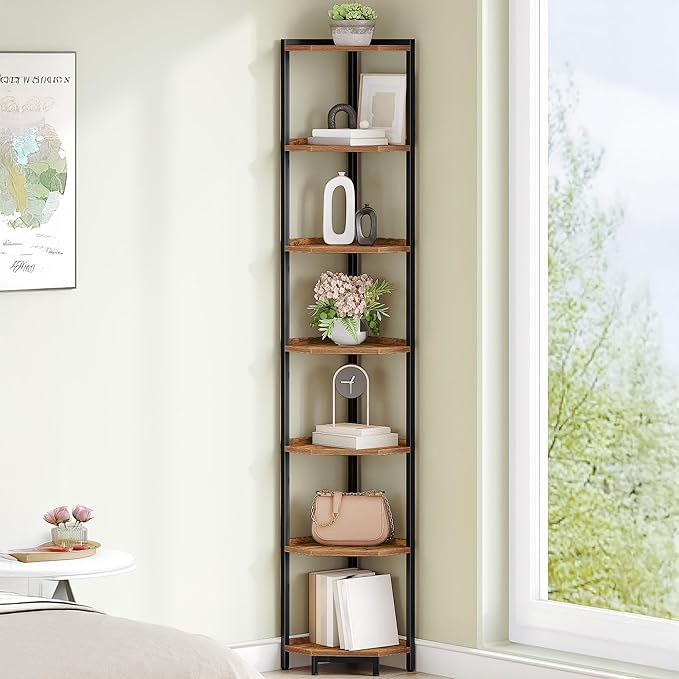 Corner Shelf Stand, Corner Bookshelf, Storage Standing Shelf Unit with Metal Frame, Plant Stand, Bookcase for Living Room, Home Office, Bedroom, 7-Tier Rustic Brown CS07001B