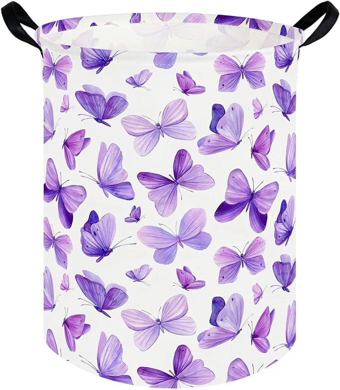 Butterfly hamper,Purple Laundry Basket,Baby Nursery Hamper,Waterproof foldable girls toy storage box,Dirty Clothes Hampers,Flower house decor(Purple Butterflies)