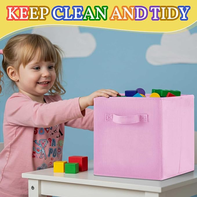 Yinder 4 Pcs Cube Storage Bin Pink 11'' Storage Bins for Playroom Decor Colorful Bins for Kids Purple Foldable Baskets for Nursery Organizer Boxes Fabric Boxes