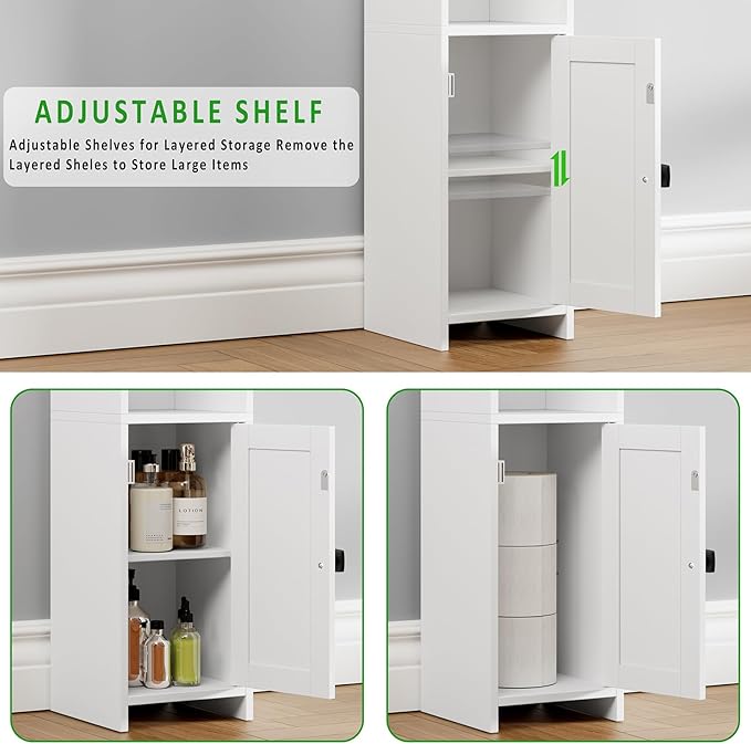 Small Bathroom Storage Cabinet Corner, Floor Cabinet with Adjustable Shelves, Freestanding Narrow Bathroom Toilet Paper Organizers for Small Spaces (White)
