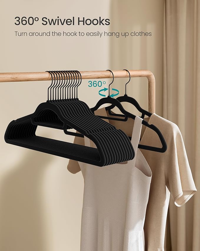 SONGMICS Velvet Hangers, Set of 50 Clothes Hanger with Black Swivel Hook, Non-Slip, and Space-Saving, 0.2-Inch Thick, 17.1-Inch Long for Coat, Shirt, Dress, Pants, Tie, Ink Black UCRF021B02