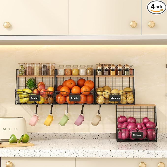 Fruit Basket for Kitchen with Lid, Counter&Wall Mounted Hanging Fruit Basket, Potato and Onion Storage, Metal Wire Fruit and Vegetable Storage, Snack Organizer 4 Pack(small and large)