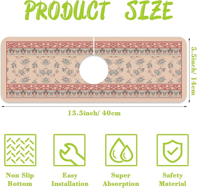 Sink Splash Guard Faucet Mat Retro Boho Flowers Absorbent Fast Drying Mat Sink Gadgets Splash Guard Behind Faucet Drip Catcher for Kitchen Bathroom 15.5"X5.5"