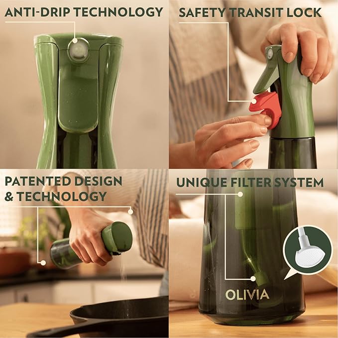 FLAIROSOL OLIVIA Oil Sprayer for Cooking, 200ml Glass Olive Oil Sprayer, Continuous Cooking Spray with Portion Control, Oil Dispenser for Kitchen, Air Fryer, Salad, BBQ (Green Bottle, Gold Print)