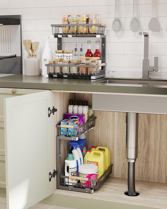 Under Sink Organizer Storage for Families: Pull Out Storage Undersink Organizers Drawer Cabinet - Sliding 2 Tier Rack Metal Organization Under Counter Kitchen Bathroom for Homemakers(Gray,2 Pack)