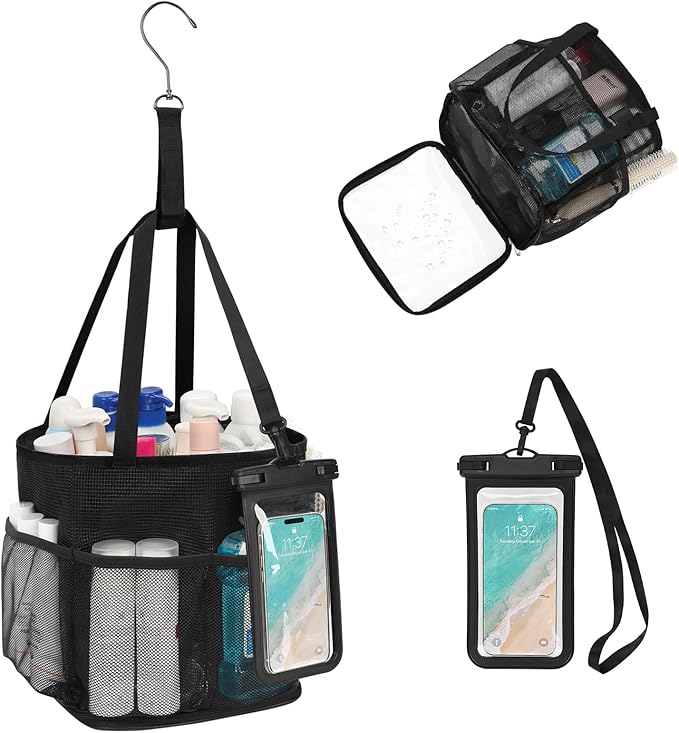 Hanging Shower Caddy, Mesh Shower Caddy Portable with Waterproof Phone Pouch for College Dorm Room Essentials, Large Capacity Shower Bag Basket with 7Pockets for Bathroom, Gym, Camping, Swiming, Beach