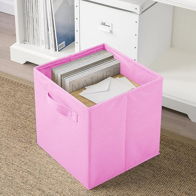PowerKing Collapsible Storage Cubes with Handles, Fabric Foldable Bins for Closet Shelves, Durable Organization Storage Bins, 10.5'' x 11'' x 10.5'', 6 Pack, Pink