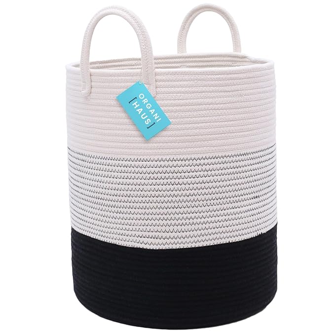OrganiHaus Large Black & White Woven Laundry Basket w/Handles 52L, Rope Dirty Clothes Hamper, Blanket Basket for Living Room, Baby Laundry Hamper for Nursery, Soft & Durable Decorative Organizer Bin