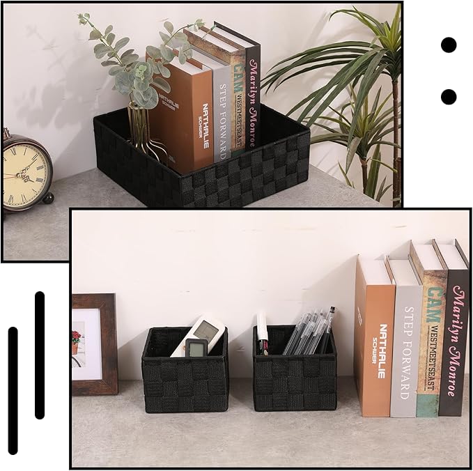 Storage Bins Woven Organizer Set of 7 – Polypropylene Storage Baskets with Metal Frame, Stackable Fabric Boxes for Drawers, Closet, Shelf, Nursery and Office, Black