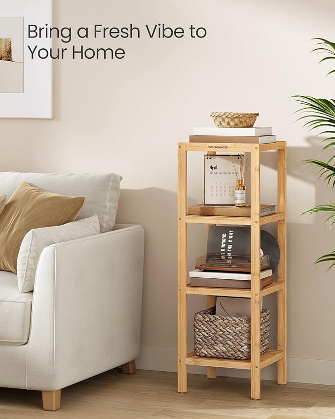 SONGMICS 4-Tier Bamboo Shelf, Narrow Bathroom Shelf, Standing Towel Rack, Corner Rack, for Kitchen, Living Room, Bedroom, Entryway, Bathroom, Natural UBCB54Y