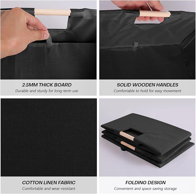 Fabric Storage Bin Box Foldable Cotton Linen Storage Basket with Wooden Handles Rectangular Cube Decorative Home Laundry Organizer Clothes Blanket Container – Black, Medium