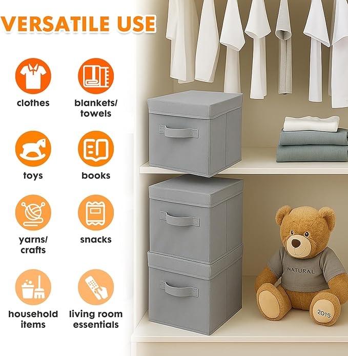 ShellKingdom Storage Bins, Foldable Fabric Storage Cubes with Lid, Clothes Storage Organizer Drawer For Closet Toys Storage, 13 X 13 X 13 INCH, 2 Pack (Grey)