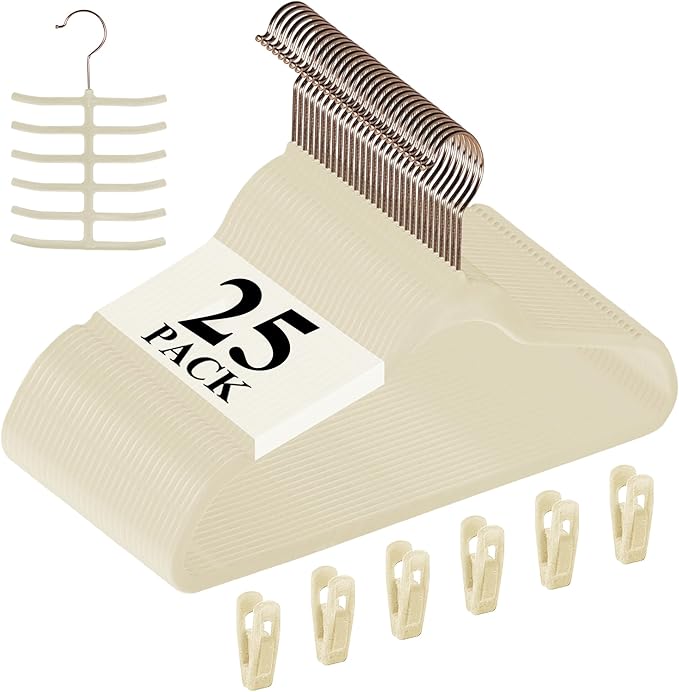 VECELO Premium Velvet Clothes Hangers Suit Heavy Duty (25 Pack)-Non Slip & Space-Saving with 6 Finger Clips & Tie Rack Excellent for Men and Women，Light Beige