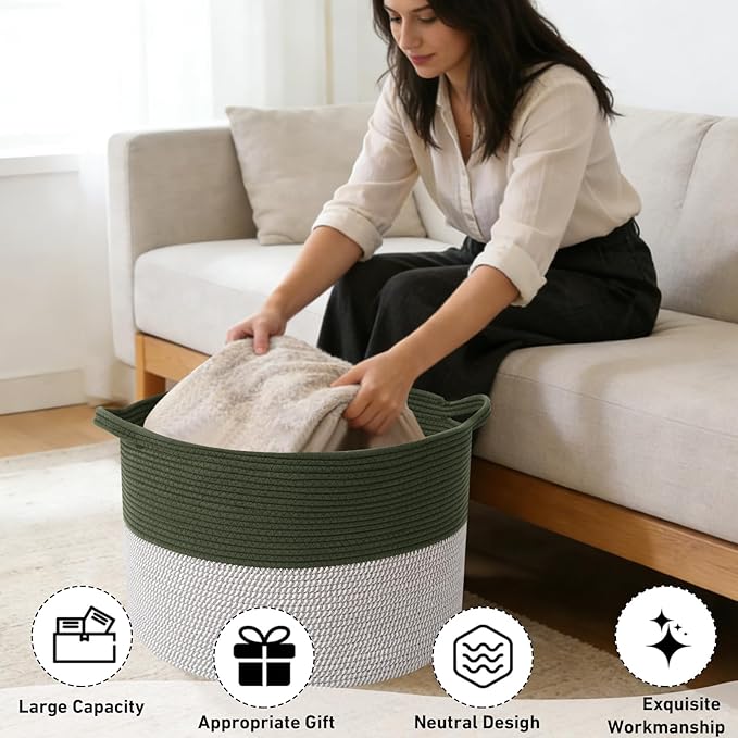 65L Large Blanket Basket,19.7" L x 19.7" W x 13" H Rope Woven Baskets with Handles, Toys Storage Bins,Laundry Basket Perfect for Living Room, Nursery,Bedroom,Home Organization,Green&White