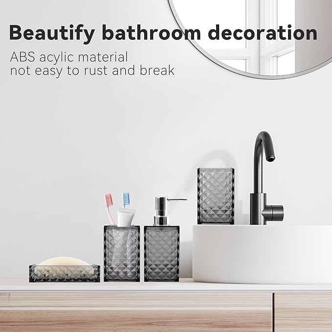 Bathroom Accessory Set, 4 PCS Grey Bathroom Accessories Set, Soap Dispenser and Toothbrush Holder Set, Soap Dish and Mouthwash Cup, Boho Bathroom Decor, Bathroom Sets Accessories