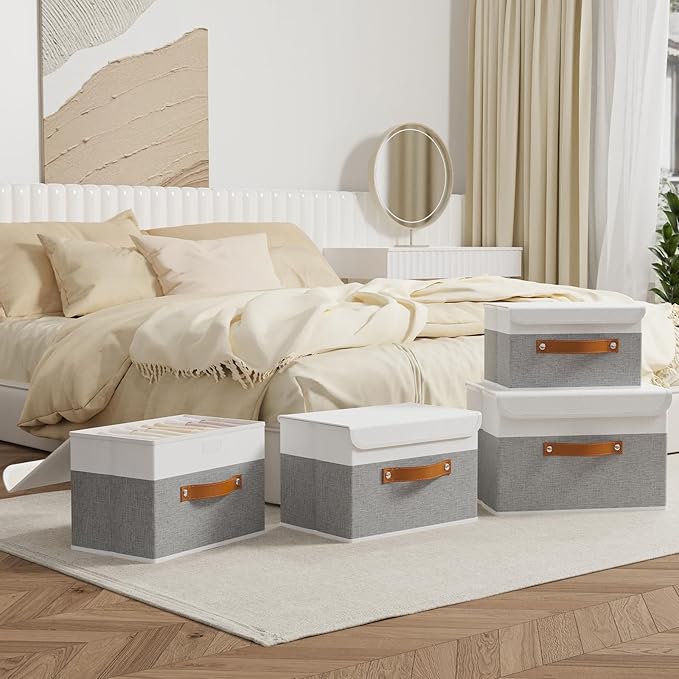 OUTBROS Large Cube Storage unit Boxes, Collapsible Bin with Lid, Linen Fabric Wardrobe Organiser, Baskets For Towels, Clothes, 17.7 x 11.8 x 11.8 inch (White/Grey, 3-Pack)