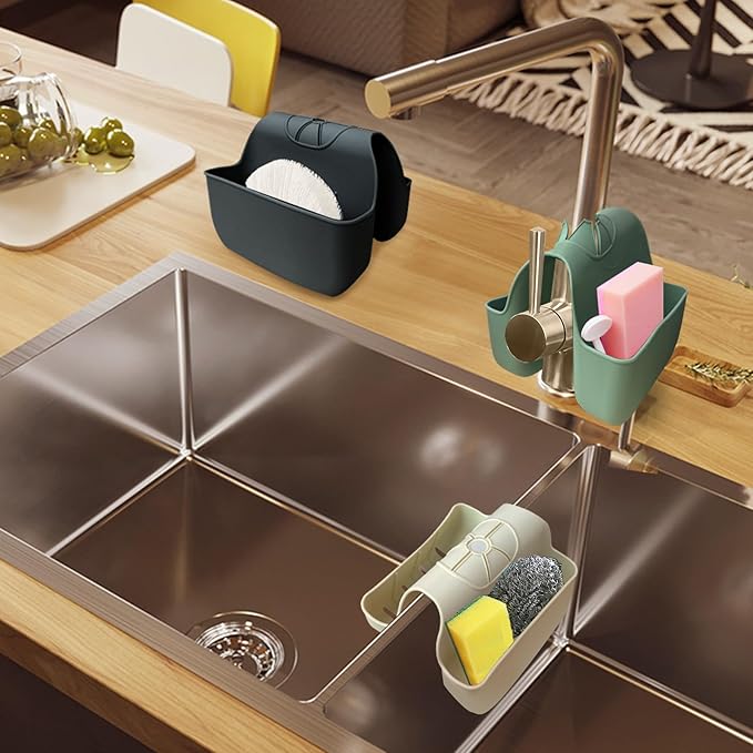 1Pc Silicone Sponge Holder for Kitchen Sink, Saddle Caddy Organizer Rack, Sponges Holder Over Faucet, Hanging Kitchen Sink Organizer Accessories Rack Basket- (Dark Grey)
