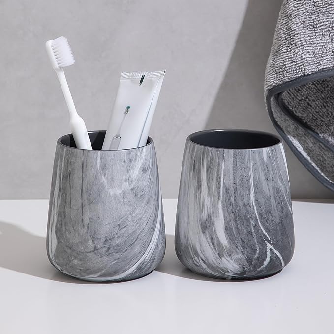 2Pcs Toothbrush Holder for Bathroom - Marble Grey Ceramic Tooth Brushing Holders Set, Toothbrush Cup & Toothpaste Organizer for Bathroom Countertop, Makeup Brush Holder, Pen Holder for Home Storage