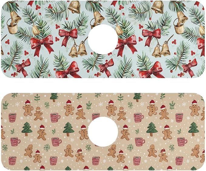 Bows Holly Bell Beige Gingerbread Snowflakes Kitchen Sink Splash Guard Sink Faucet Mat Faucet Handle Drip Catcher Drain Mats for Kitchen Bathroom Countertop Absorbent Dish Drying Pad 2Pack 30