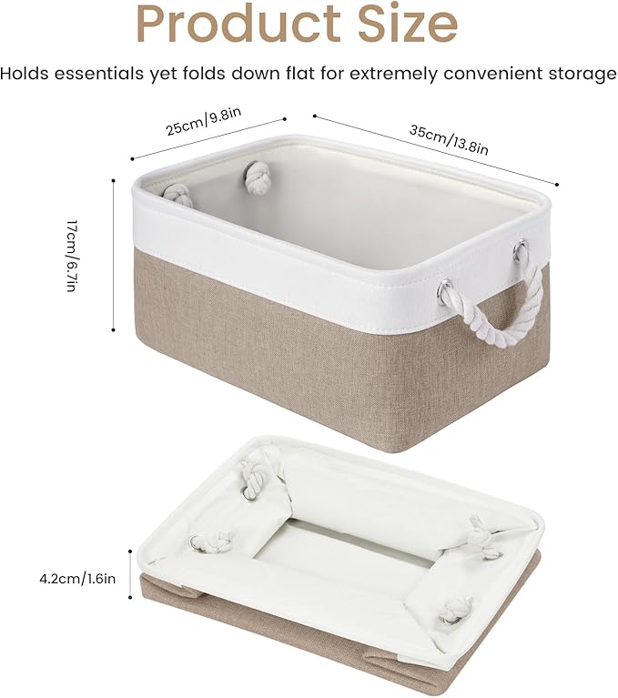 Storage Baskets for Shelves 13.8x9.8x6.7 Inch, Foldable Fabric Storage Bins with Handles, Small Storage Baskets for Organizing Closet, Office, Home Organization (3-Pack, White&Khaki)