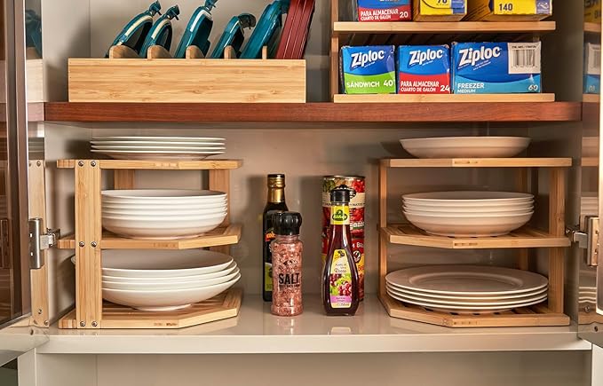 Umilife Plate Organizer for Cabinet, Bamboo Corner Shelf, Dish & Bread Organizer, Spice Rack, Kitchen Bathroom Countertop Storage Organization Space Saver