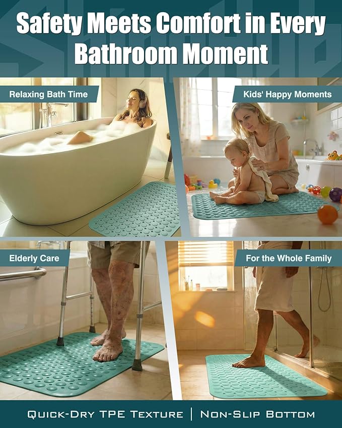 ShineHub Non-Slip Bath Mat for Tub Shower, TPE Machine Washable Bathroom Essentials with Suction Cups, Quick-Dry 28x16 inch (Smoke Pine Green)