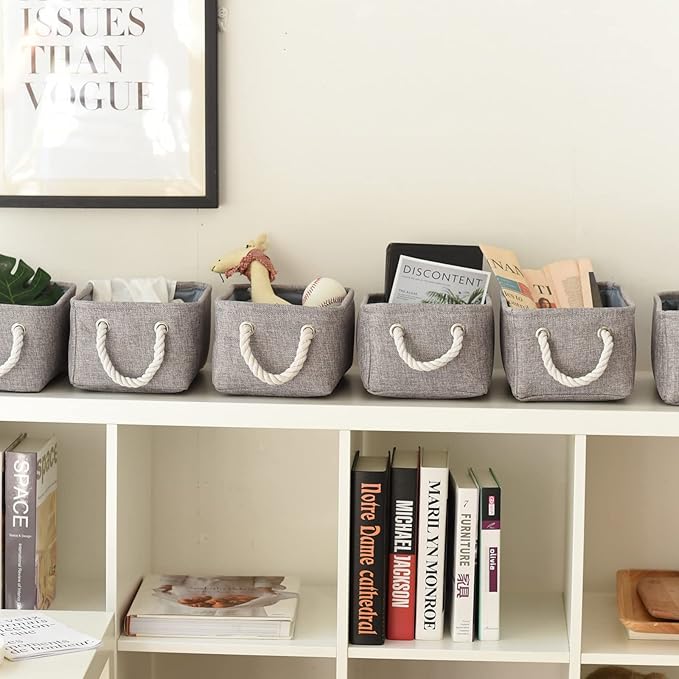 Sacyic Small Fabric Storage Baskets (6-Pack), Foldable Gift Baskets with Rope Handles for Home & Office Organization