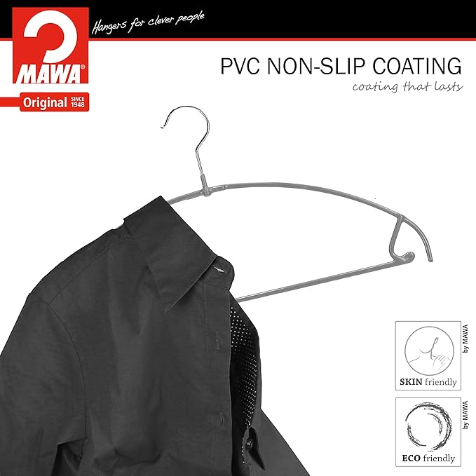Mawa by Reston Lloyd Euro Ultra Light/Thin Series, Non-Slip Space Saving Clothes Hanger with Bar & Hook for Pants and Skirts, Style 42/PTU, Set of 130, Silver