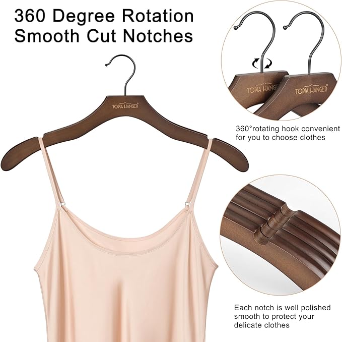 TOPIA HANGER Wooden Coat Hangers 24 Pack, Premium Wood Suit Sweater No Shoulder Bump Hangers, 360° Swivel Hook and Cut Notches Clothes Hangers for Sweater, Hoodie, Shirts, Jacket, Dress, Walnut CT85WA