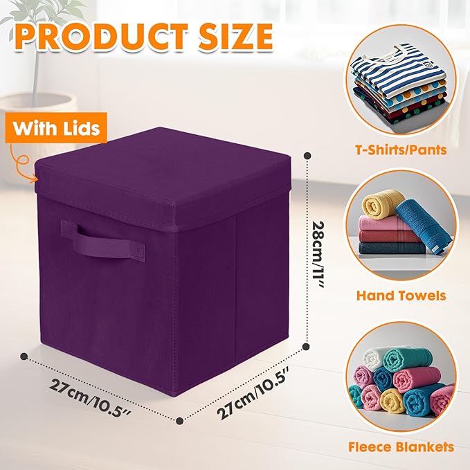ShellKingdom Storage Bins, Foldable Fabric Storage Cubes with Lid, Clothes Storage Organizer Drawer For Closet Toys Storage, 10.5 X 10.5 X 11 INCH, 2 Pack (Purple)